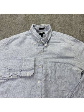 J.Crew Linen Shirt Men M Blue White Striped Slim Fit 42" Long Sleeve